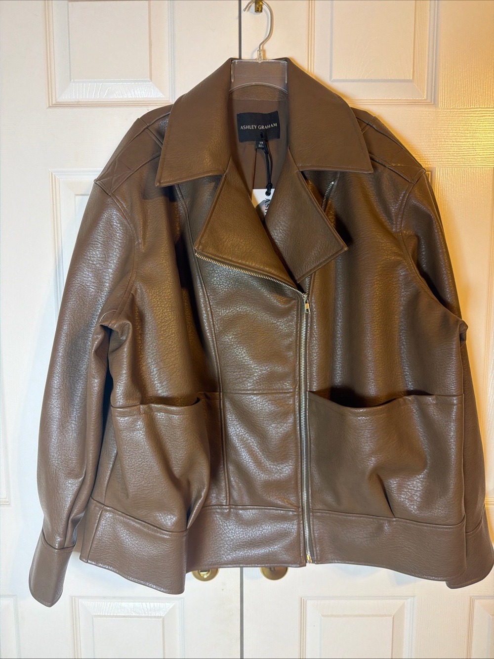 Ashley Graham Brown Faux Leather Moto Jacket‎ Womens 2X Asymmetric Zip $240 NWT
